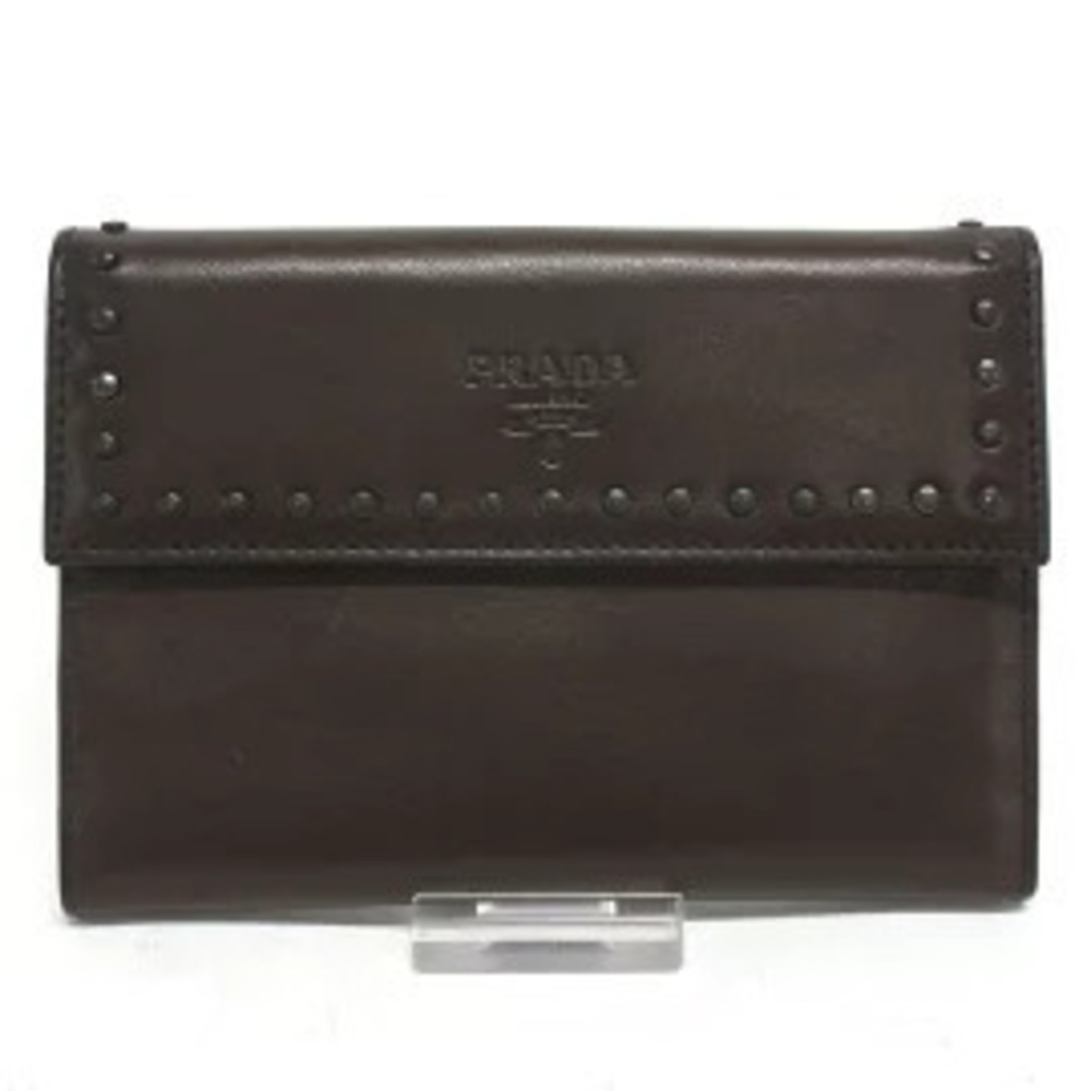 Prada Tri fold Wallet Studded Dark Brown Leather